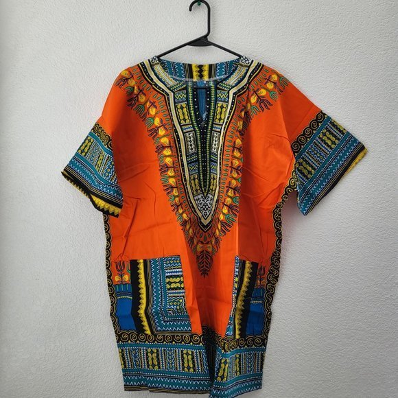 Unisex One Size African Dashiki Shirt & Pants 2pc. Set Orange and‎ Blue - Picture 4 of 9